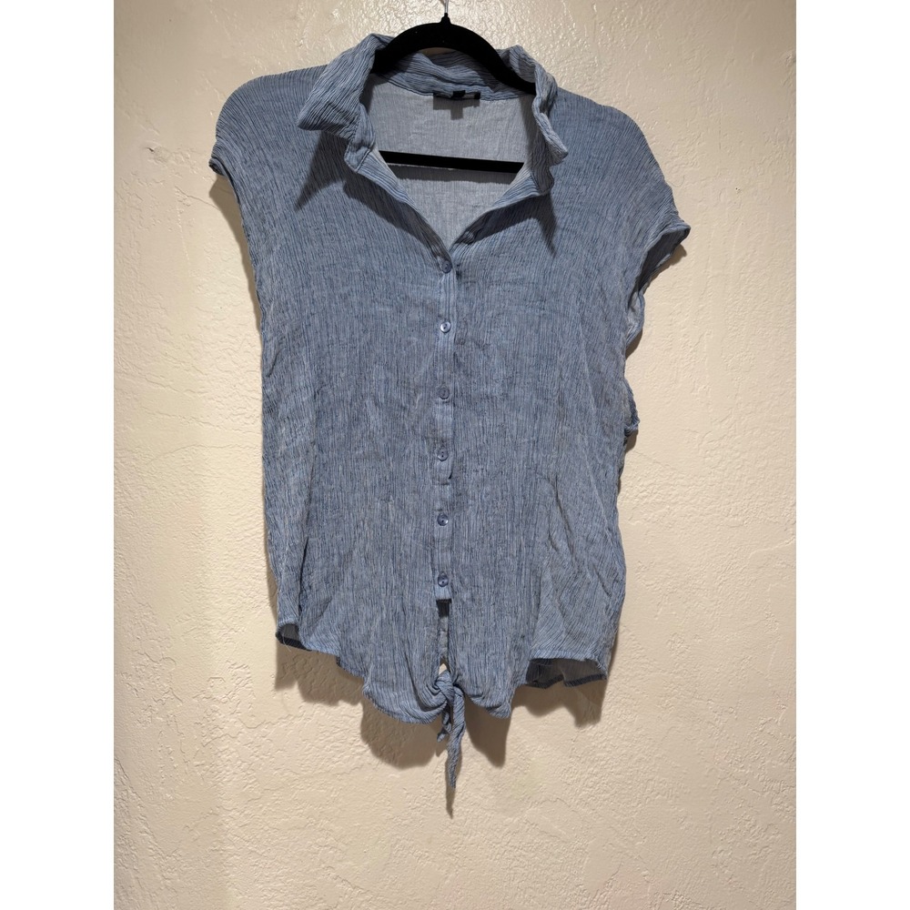 Modern Works Blue Pinstripe Tie Front Sleeveless Button Down Top Women 2X